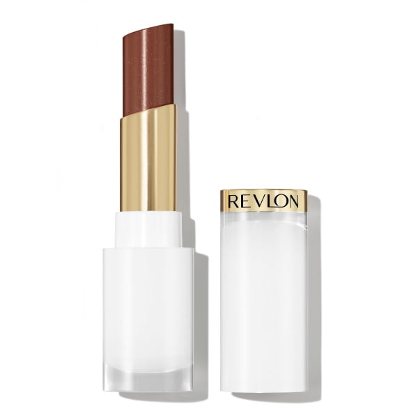 Super Lustrous™ Glass Shine Balm by Revlon in a sheer brown shade, displayed with the white and gold tube open and the cap beside it on a white background, providing a glassy, moisturizing lip color with a non-sticky, buttery-soft feel ideal for daily lip care.