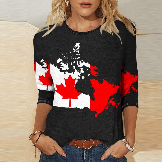 TopLLC Tenues du 4 Juillet pour Femmes Hauts d'Été pour Femmes, Hauts d'Été pour Femmes Mode Femmes Impression Canada Col Rond T-shirt Manches 3/4 Chandail Haut Blouse