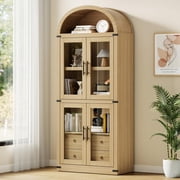 AKDSteel Arched Bookshelf with Doors and Drawers Farmhouse Bookcase 15.83in Depth Display Storage Shelves 71.4in Tall Wooden Display Cabinet Rounded Bookcases for Living Room, Kitchen, Office