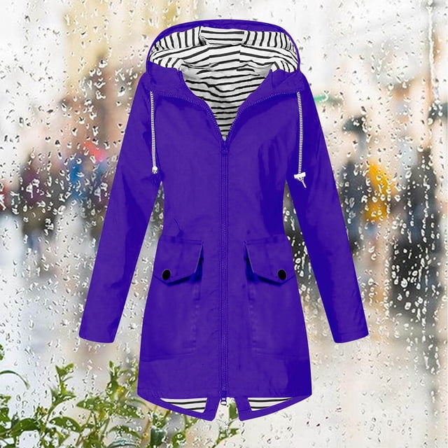 Meichang Manteau de Pluie pour Femmes Grande Taille Imperméable avec Capuche Actif Plein Air Randonnée Coupe-Vent Automne Manteau Décontracté Manches Longues Fermeture Éclair Complète Trench