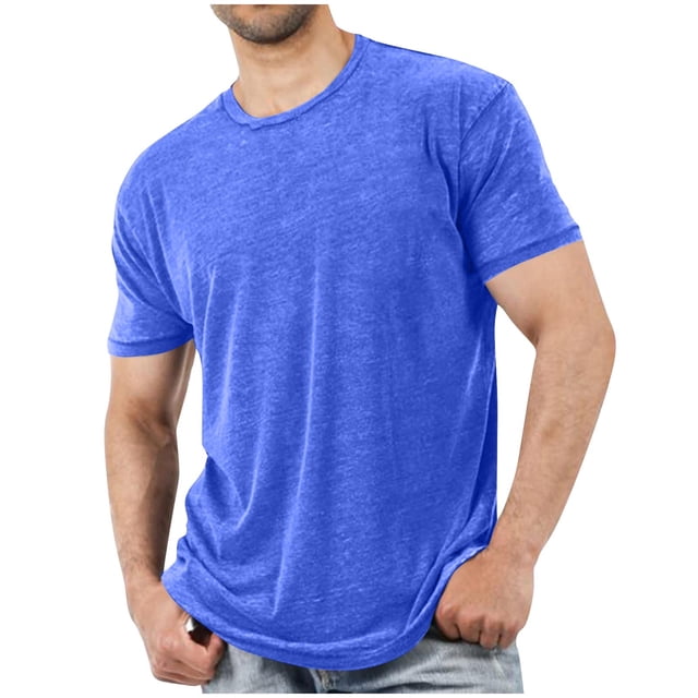 Plebaso Men's Short Sleeve Crew Neck T-Shirts Casual Solid Color Tshirts Breathable Mens Summer Basic Tees. The image features a man wearing a solid blue short-sleeve crew neck t-shirt made of breathable polyester fabric. The lightweight material ensures comfort for everyday or outdoor activities. The t-shirt is styled with light-wash jeans, highlighting its casual and versatile appeal.