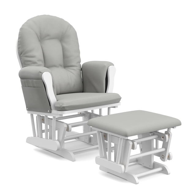 Storkcraft Hoop Glider and Ottoman nursery rocking chair set with white solid wood frame and light grey padded cushions, featuring smooth gliding motion and side storage pockets on armrests, suitable for nursery relaxation and nursing comfort.