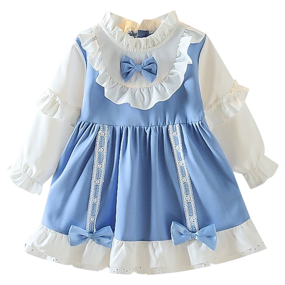 Fall Baby Dress Girl's Cute Lace Patchwork Loli Bow Long Sleeved Round Neck Dress New Long Sleeve Round Neck Dress Blue 80