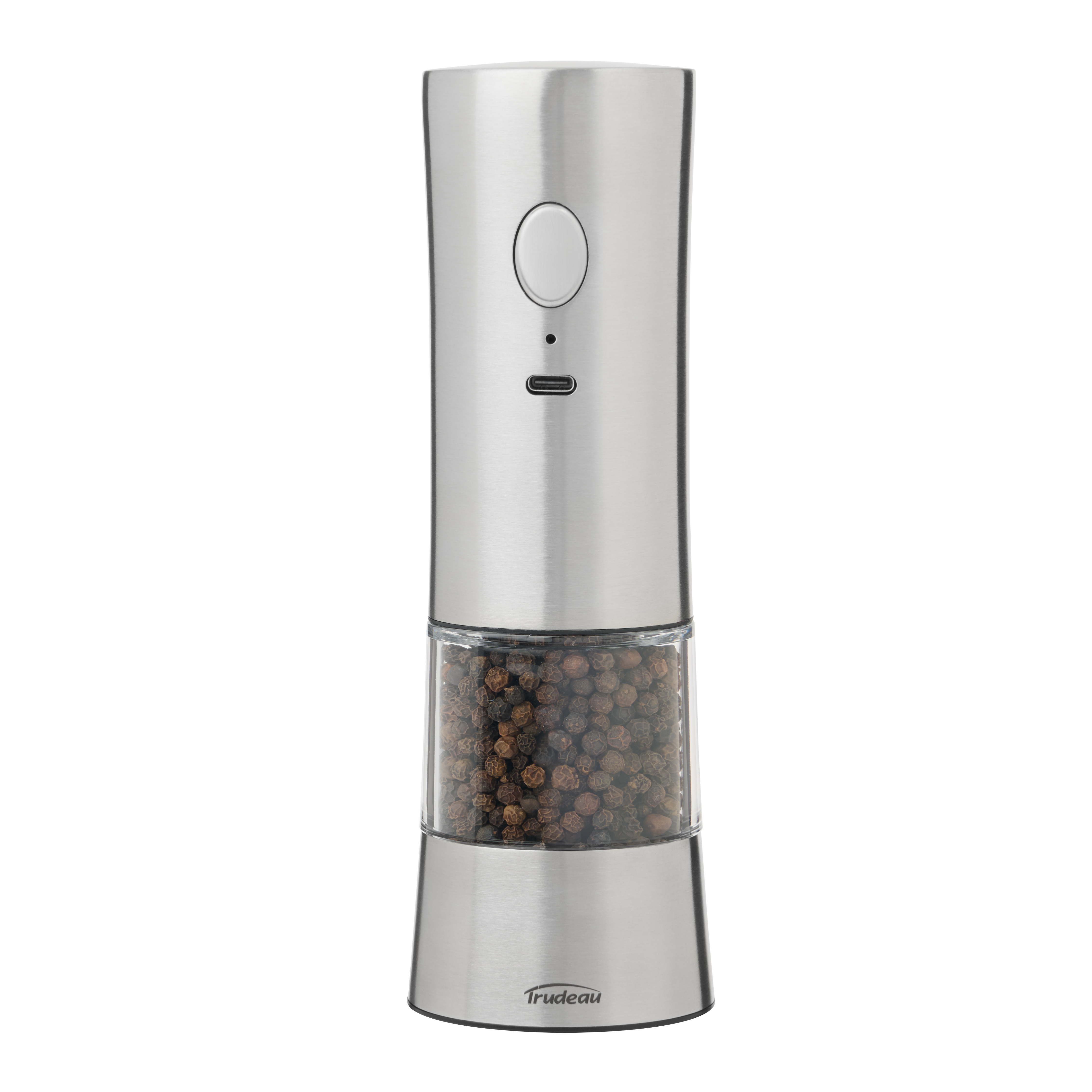 Trudeau 7" EVO USB Rechargeable Electric Stainless Steel Salt or Pepper Mill with one-touch operation, adjustable grind. USB-C charging—no batteries required – Unfilled