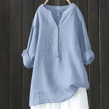 Long Sleeve Shirts For Women Summer Trendy Cotton Linen Tunic Shirts Loose Comfy V Neck Solid Blouses Ladies Casual Tops