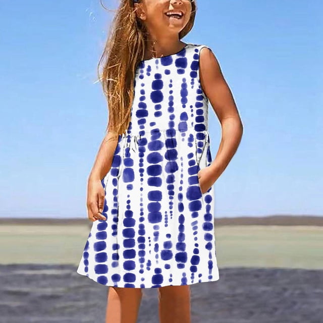 LSLJS Robes d'Été pour Tout-Petits pour Filles Robe à Imprimé Floral Robe à Nœud Vêtements Décontractés Enfants Robe Soleil Sans Manches