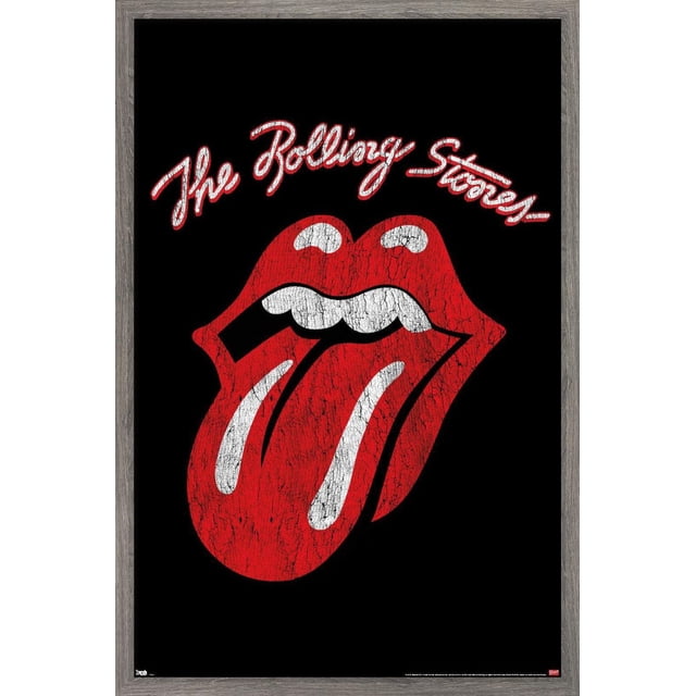 Rolling Stones - Affiche Murale à Logo Classique, 22,375 Po x 34 Po, Présentant le Logo Emblématique des Lèvres et de la Langue Rouges avec des Dents Blanches et des Mèches sur un Fond Noir, Encadré en Bois Gris. Imprimé sur Papier d'Affiche Lustré, Convient pour Décorer des Chambres, des Bureaux Ou des Résidences Étudiantes.
