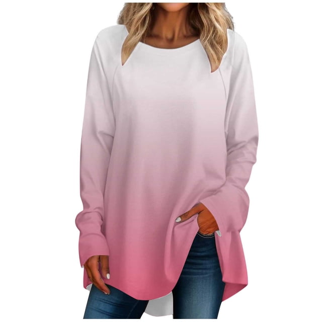 FAIWAD Women's Long Sleeve Tunic Tops Gradient Round Neck Trendy Spring Casual Pullover Tops