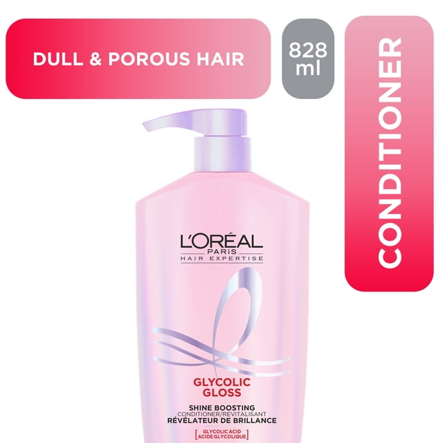 Glycolic Gloss Conditioner by L'Oréal Paris, 828ml pink pump bottle for dull and porous hair, formulated with glycolic acid to boost shine and revitalize hair.