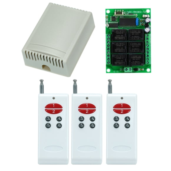433Mhz DC 12V 6-channel Universal 10A Relay Wireless RF Remote Control Switch Receiver Module and 3 6-button RF 433 Mhz Transmitter Fixed Code (2262 Chip) Remote Control Smart Home Automation