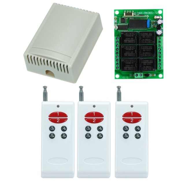 433Mhz DC 12V 6-channel Universal 10A Relay Wireless RF Remote Control Switch Receiver Module and 3 6-button RF 433 Mhz Transmitter Fixed Code (2262 Chip) Remote Control Smart Home Automation