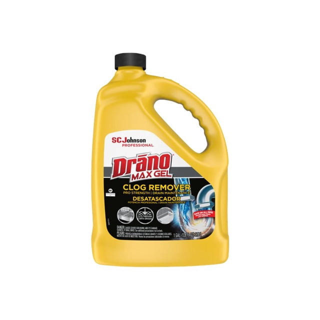 Drano Max Gel Déboucheur, Ligne Commerciale, Bouteille de 128 fl oz avec Contenant Jaune et Poignée Ergonomique. l'Étiquette Présente la Marque SC Johnson Professional et Met en Valeur Sa Formule Pro-Résistante pour Enlever les Obstructions Tenaces, Y Compris les Cheveux et les Résidus de Savon. Nettoyant de drain Efficace Convenant au PVC, aux Tuyaux en Métal et aux Fosses Septiques.