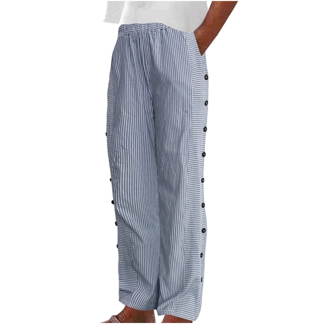 Timegard Pantalon Lounge pour Femmes Taille Élastique Bouton Pantalon Rayé Automne Décontracté Léger