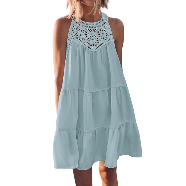Penkiiy Robe d'Été pour Femme à Découpes, Dos Nu, Décontractée, Sans Manches, Ligne A, à Étages, Évasée, Robe de Plage/vacances, Mini, TG, Bleu Pâle