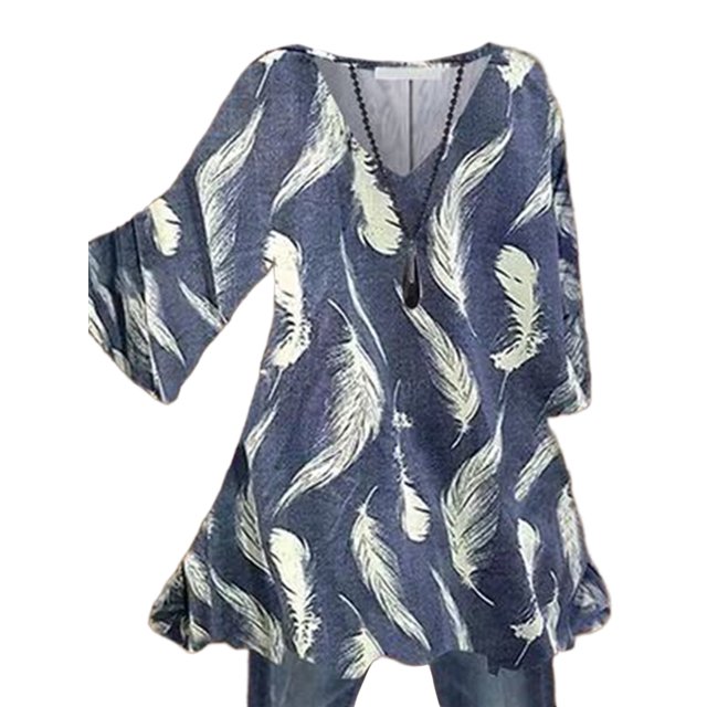 MAWCLOS Women Blouse V Neck Tops Ruched Tunic Shirt Elegant Beach Floral Print Pullover #6 3XL
