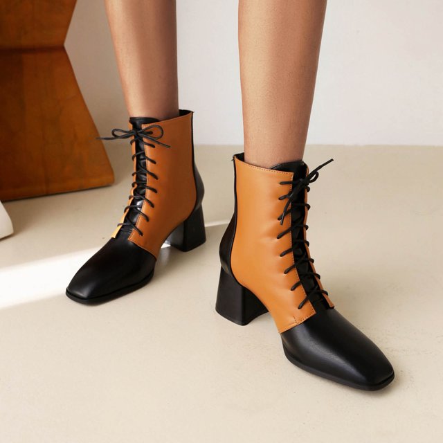 Thick-heeled Short Boots Lace-up Women's Shoes For Autumn And Winter New Color Matching Mid-heel Small Square Toe