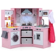 Costway Wooden Kids Play Corner Kitchen with Realistic Lights & Sounds Lighted Range Hood Pink