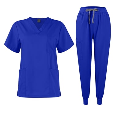 Ktyne Blue Scrubs for Women Set XXL Stretchy Nursing Uniform Short Sleeve V-Neck Scrub & Yoga Jogger Pants Solid Color Scrub Suit with Multi Pocket Royal Blue XXL