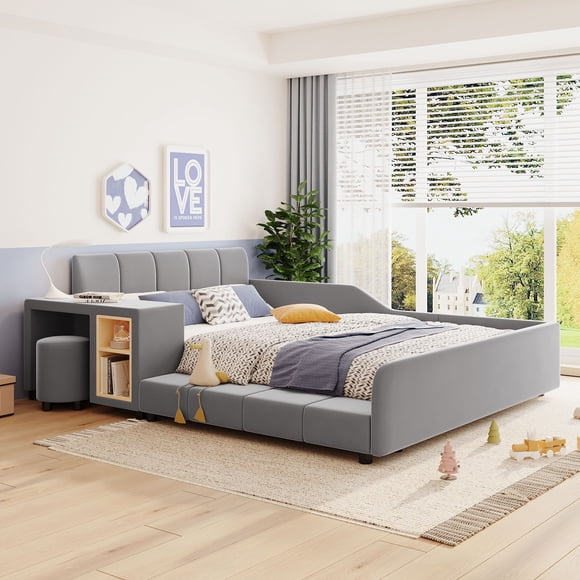 Upholstered grounded bed, mother and baby bed with bedside table and small round stool, velvet,,Gray