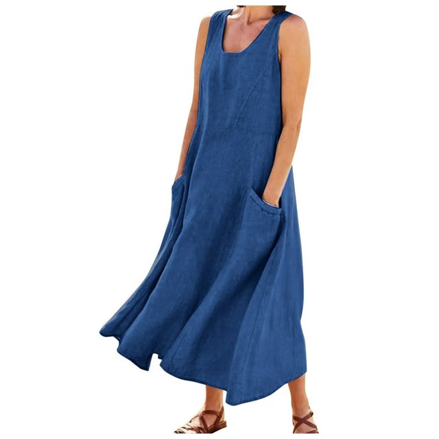 CHOK Robe Décontractée en Lin et Coton Uni à Encolure en U pour Femmes Sans Manches 2024 Robe Débardeur avec Poches Bleu 4TG