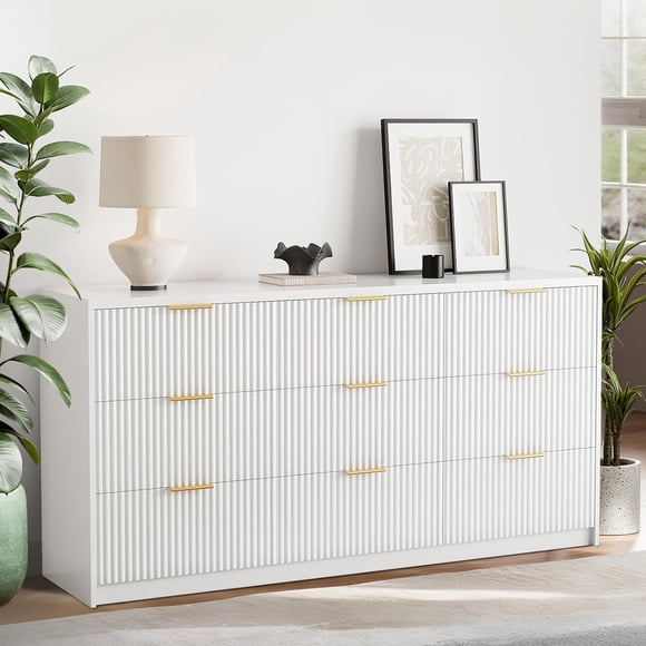 White 9 Drawer Dresser for Bedroom, 55" Wide Fluted Dresser with Smooth Slides, Modern Chest of Drawers with Golden Handles for Bedroom, Living Room, Closet