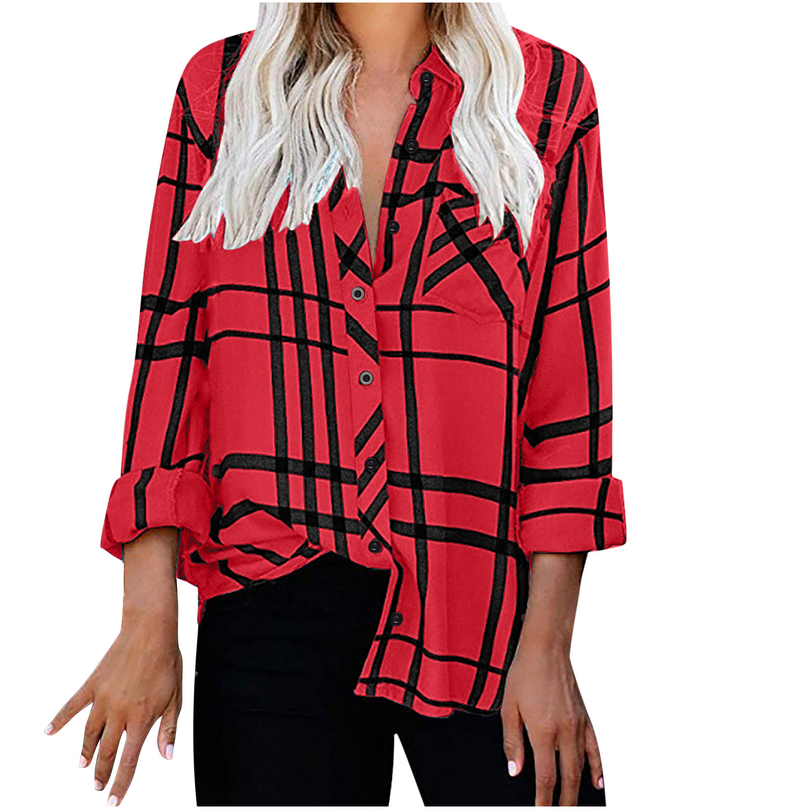 IROINID Hauts Réduits pour Femmes Grande Taille, Haut de Détente à Col à Revers, Ample, Boutonné, Manches Longues, Blouse à Carreaux, Rouge