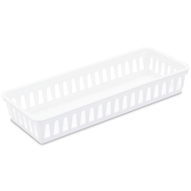 Sterilite White Slim Storage Tray measuring 12 1/2 inches long by 5 inches wide and 2 1/8 inches high, made of smooth white plastic with vertical slots on the sides, designed for organizing pens, pencils, and small office supplies in drawers or on shelves, suitable for neat storage and easy content visibility.