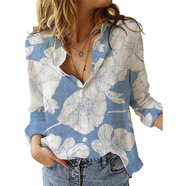 Innerwin Shirts Button Down Ladies Blouse Business Long Sleeve Loose Tops Blue Flower 3XL
