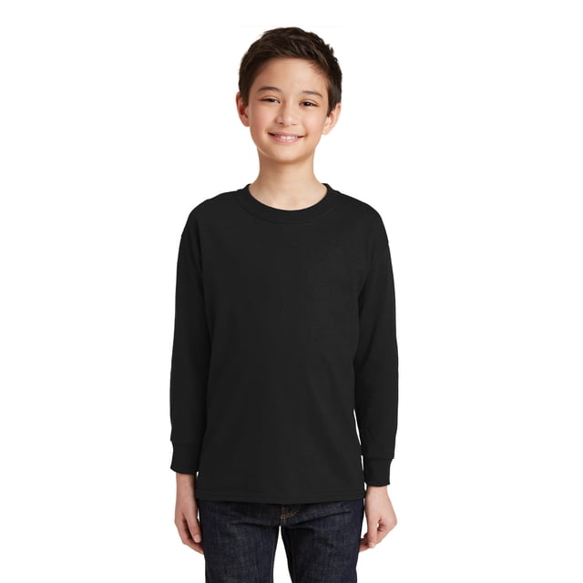 Gildan T-Shirt à Manches Longues pour Garçons en Coton à 100 pour Cent, style 5400B, en Noir Uni. Conçu avec une Encolure Ras du Cou, des Manches Longues et une Coupe Décontractée, Idéal pour les Hauts de Sport pour Garçons. Assorti à des jeans en denim Foncé.