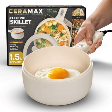 Ceramax Beige 1.5L 3 Pièces Marmite Poêle Électrique en Céramique Antiadhésive avec Panier Vapeur Facile à Nettoyer