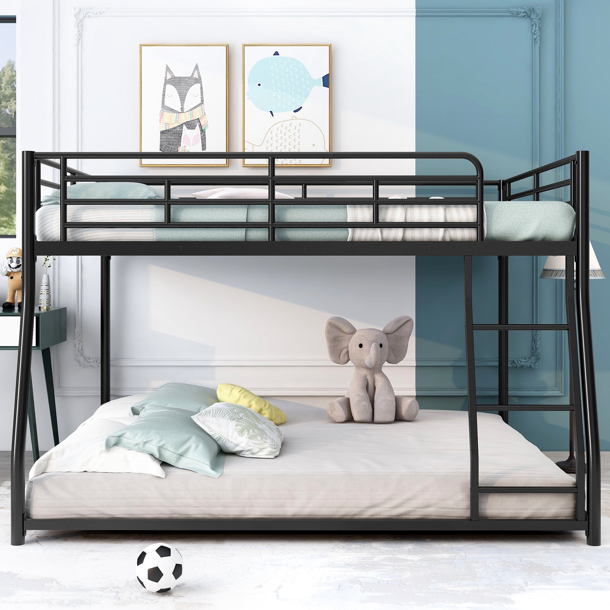 Noble House Full XL Over Queen Metal Bunk Bed,Black Industrial Frame with Guardrails & Slats,Black