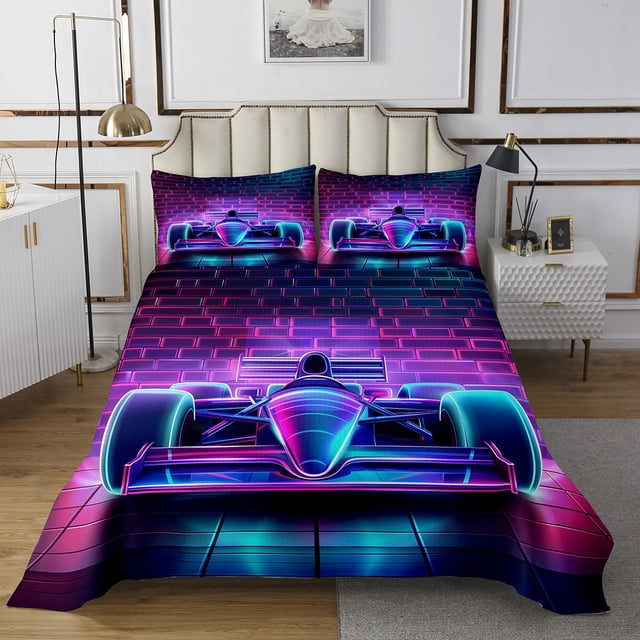 Go Kart Bedspread Set Karting Coverlet Set,Race Cars Quilt Set Queen,Racing Extreme Sport Quilted Neon Lights Room Decor