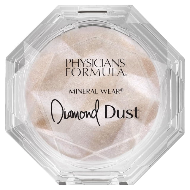 MINERAL WEAR DIAMOND GLOW DUST POWDER - STARLIT GLOW by Physicians Formula, a clear octagonal compact containing diamond-dusted setting powder that creates a light-diffusing, translucent veil for a glimmering glass-skin effect, suitable for all-over face use.