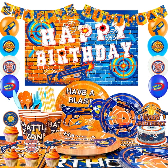 Articles de Fête Dart, 170 Pcs Décorations et Vaisselle de Fête Dart War - Assiettes, Gobelets, Nappe, Bannière, Toile de Fond Orange pour Articles de Fête (pour 16)