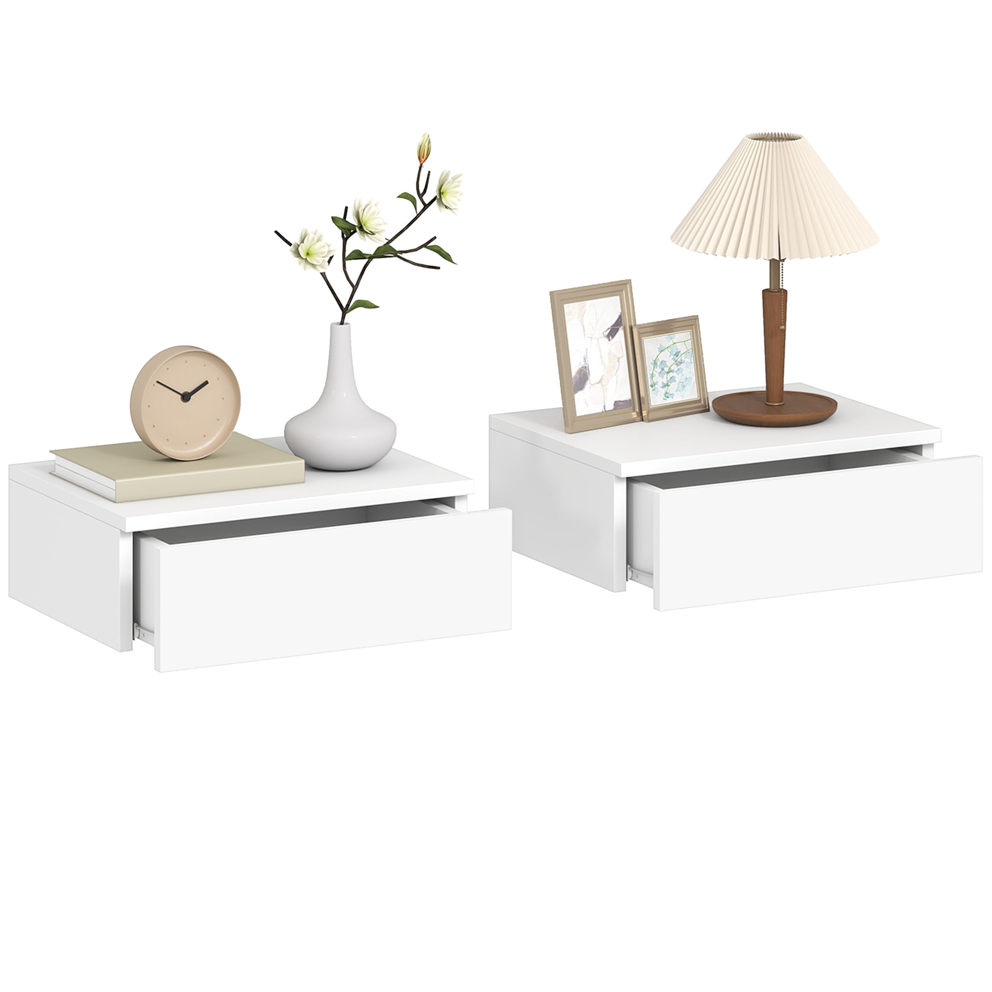 HOMCOM Floating Nightstands Set of 2, High Gloss Bedside Tables, White
