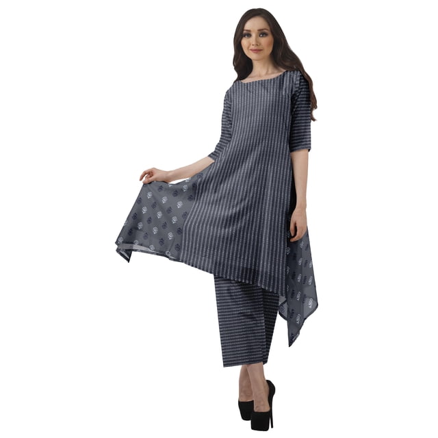 Moomaya Women's Plus Size Printed Asymmetric Kurti Pant Set, Cotton Chanderi, 1 Count