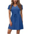 thumbnail image 1 of Dvprdro Robe d'Été Décontractée Unie à Manches Courtes pour Femme, Mode Élégante, Col en V, à Nouer, Robe Courte de Plage et Soleil, 1 of 5