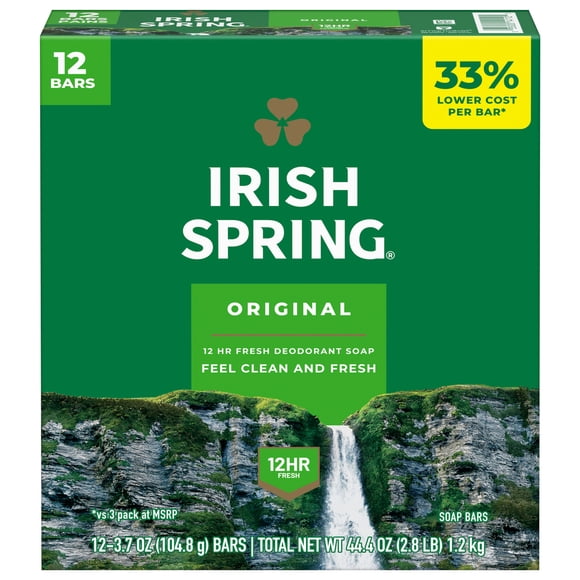 Irish Spring Bar Soap for Men, Original Clean Mens Bar Soap, 3.7 Oz Soap Bars (12 Bars)