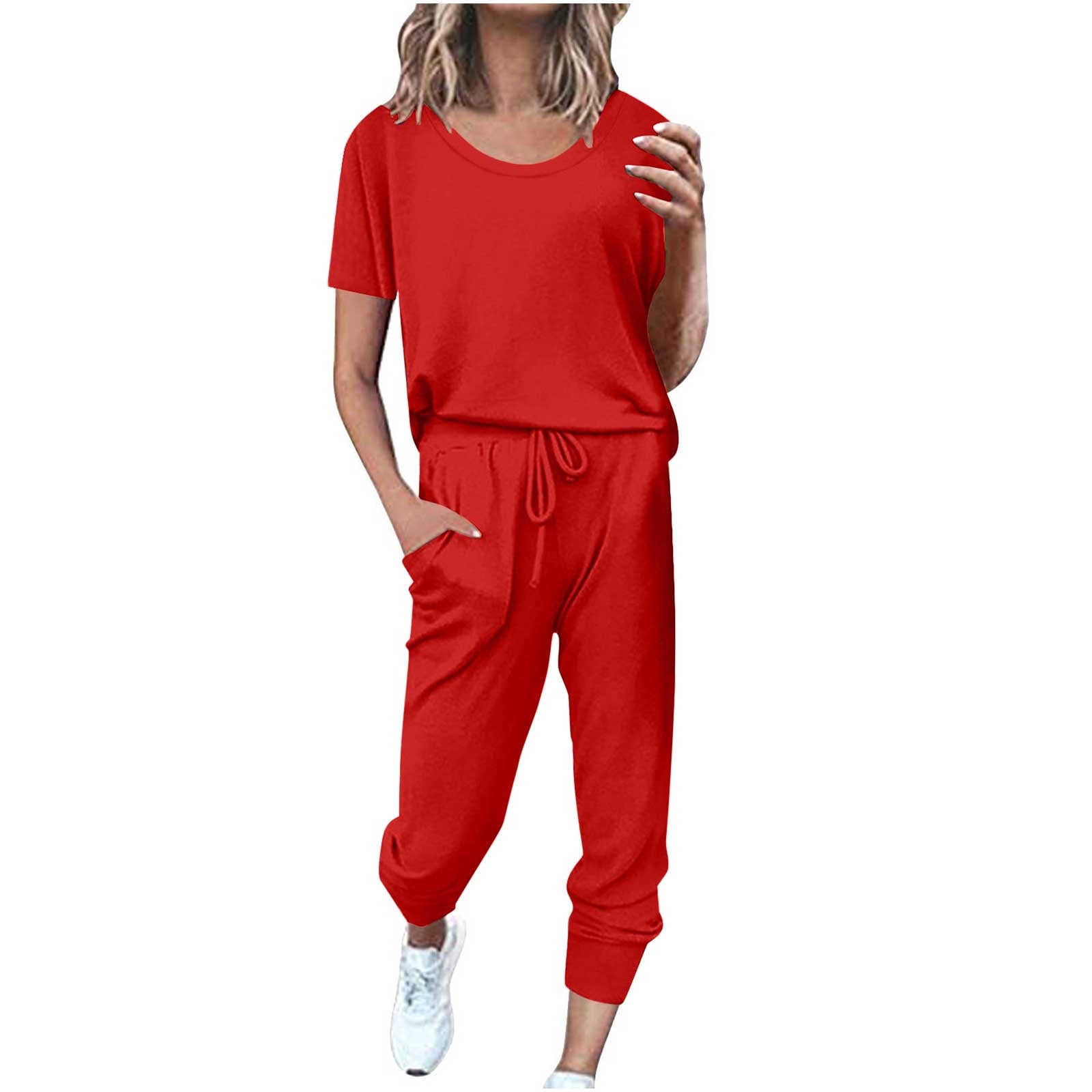 Yuyuzo Womens Workout Sets 2 Piece Short Sleeve Crew Neck T-Shirts Drawstring Jogger Pants with Pockets