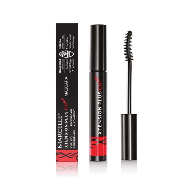 Marcelle Xtension plus Curl Mascara with a black and red tube and curved brush designed to hug the eye's natural curve, separating lashes for lengthening and curl enhancement, shown with its matching black and red packaging box.