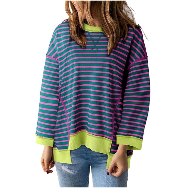 Pisexur Chandails à Capuchon pour Femmes à Imprimé Rayé, Chandails à Col Rond Décontractés et Stylés, Chemises à Manches Longues pour Femmes, Mode d'Automne, Chandail à Capuchon Ample et Surdimensionné, Hauts à Enfiler Légers et Confortables, Ourlet Irrégulier, Chandail