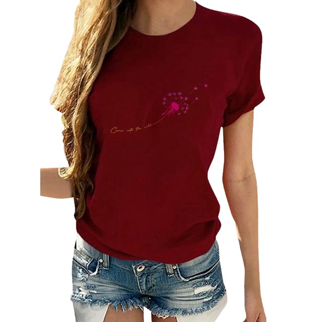 Innerwin Hauts Imprimé Pissenlit T-Shirts pour Femmes Vacances Col Rond Vintage Bordeaux 2TG