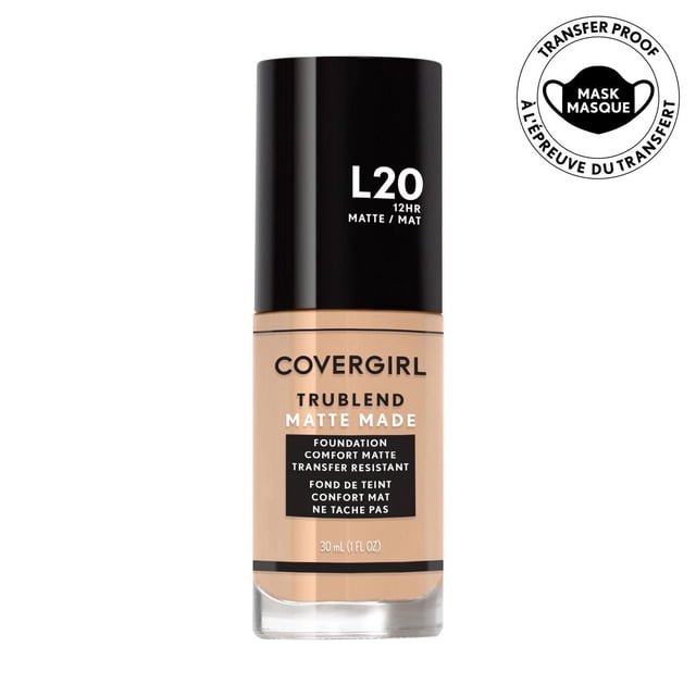 COVERGIRL Trublend Matte Made Foundation in shade L20, a 30 ml liquid foundation with a black cap, featuring a matte, transfer-resistant formula that lasts up to 12 hours, blurs pores, and controls oil for a natural, comfortable finish suitable for normal to oily skin.