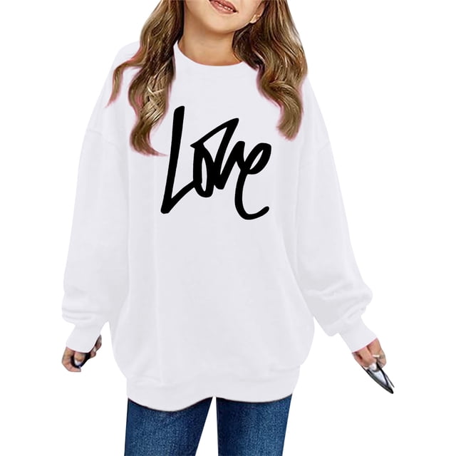 PMVFHDE Sweat à Col Rond pour Fille Imprimé Manches Longues Chandail à Capuchon pour Filles Blanc, 6-7 Ans
