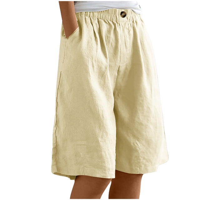 Timegard Wide Leg Shorts for Women Cotton Linen Elastic Waist Button Loose Solid Color Knee Length Pants