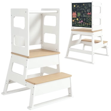 Qaba 2 in 1 Toddler Tower Kitchen Helper w/ Chalkboard, Safety Rail, White