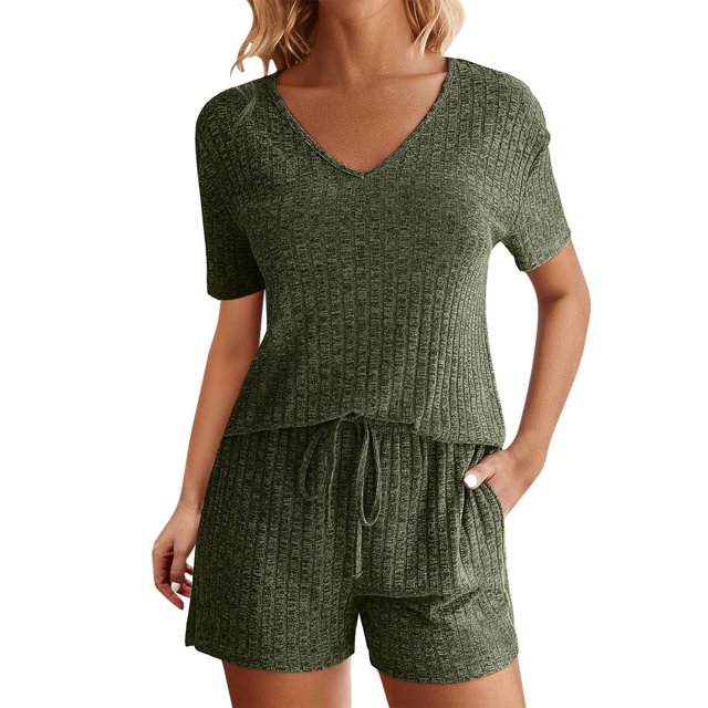 Timegard 2 Piece Sets for Women Ribbed Short Sleeve V-Neck Top Elastic Waisted Drawstring Shorts Casual Loose Sets