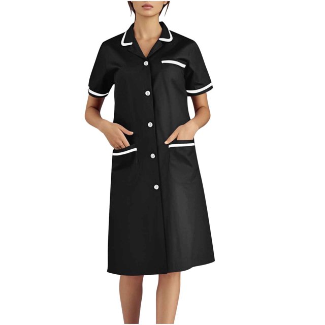 Xfvqtps Robe d'Infirmière pour Femmes avec Poches Bouton Manches Courtes Col à Revers Robe de Travail Noire