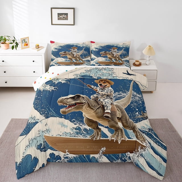 Erosebridal Dog Riding Dinosaur Bedding Twin Comforter Set,Cartoon Wildlife Down Comforter,Animal Decor,Reversible,Lightweight,2-Piece