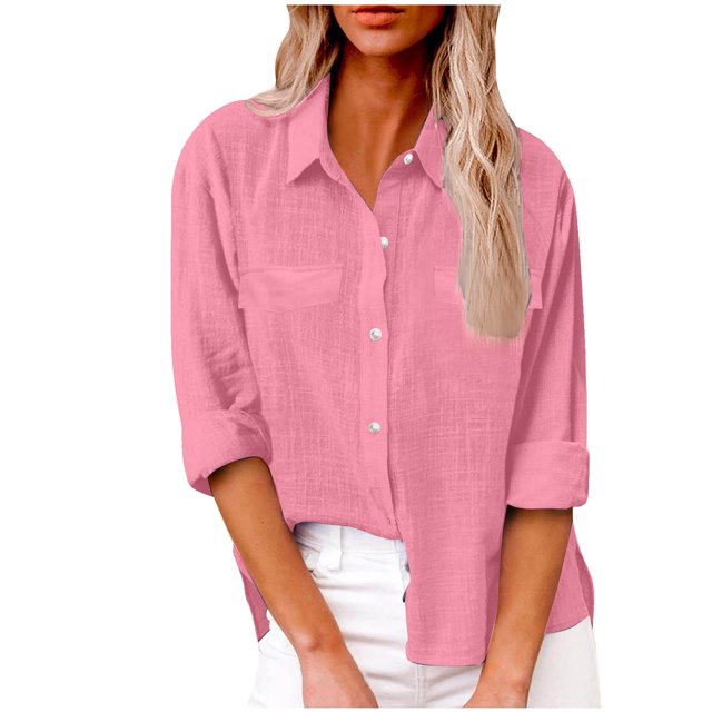 Yuyuzo Womens Button down Shirts Cotton Linen Fall Loose Casual Long Sleeve Solid Color Blouses